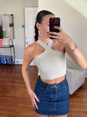 Aritzia Cream Cross-Strap Ribbed Crop Top